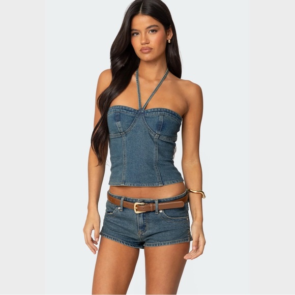 Edikted Blue Denim Halter Top - Picture 1 of 7